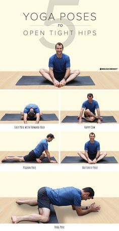 a man doing yoga poses to open tight hipss with the words 5 yoga poses