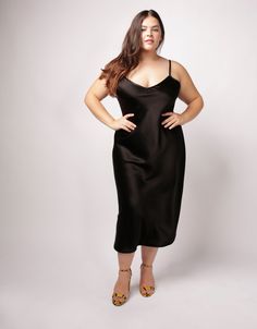 The midi length slip dress for all occasions- alone or layered, in a luxe and heavy satin. Timeless. Designed to fit the "True Size Majority" 10+ Bias Slip Dress, Bias Cut Dress, Black Plus Size, Satin Blazer, Black Slip Dress, Vintage Gowns, Satin Slip, Satin Slip Dress, Cabaret