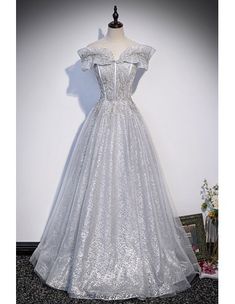 10% off now! Shop chic bling off-the-shoulder silver prom dress with delicate beading online. Sheprom offers formal, party, casual & more style dresses to fit your special occasions. Silver Prom Dress, Beaded Party Dress, Beautiful Evening Dresses, A Line Evening Dress, Sequin Prom Dresses, A Line Prom Dresses, فستان سهرة, Tulle Prom Dress, Bridesmaid Gown