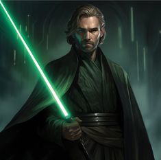 the star wars character is holding a green light saber in his right hand and looking at the camera