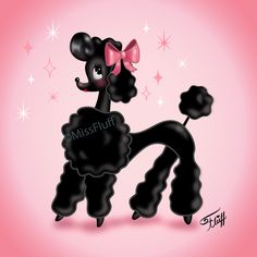 a black poodle with a pink bow on it's head and stars in the background