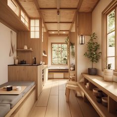 the interior of a japanese style home with wood flooring and wooden benches, potted plants, and windows