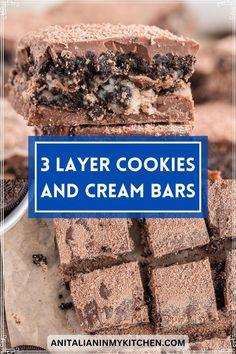 three layer cookies and cream bars stacked on top of each other with text overlay