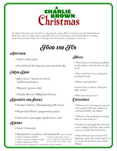 the christmas menu for charlie brown's christmas dinner