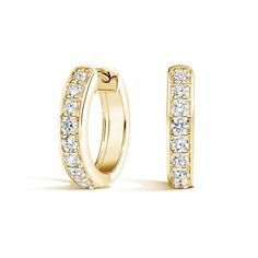 Luxe Diamond Huggie Earrings - 18K Yellow Gold. These glamorous huggie hoop earrings feature a row of dazzling prong-set diamonds set in lustrous gold. Secured with hinged latch backs, these diamond earrings are perfect for every day wear. Diamond Hoop Earrings In Yellow Gold, Diamond Huggie Earrings, Colorless Diamond, Solid Gold Earrings, Diamond Earring, Yellow Gold Setting, Jewelry Images, Earrings Small, Diamond Hoop Earrings