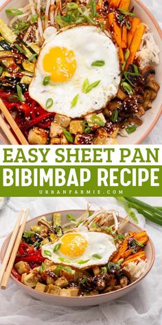 Level up your dinner with this Easy Sheet Pan Bibimbap Recipe! Ideal for quick weeknight dinners, it features crispy tofu, fried eggs, and vibrant roasted veggies, all drizzled with classic Korean flavors. Made in one pan and ready in 35 minutes – easy, colorful, and delicious! Tofu Fried, Bibimbap Recipe, Crispy Tofu, Fried Eggs