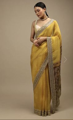 Organza Saree For Wedding, Yellow Organza Saree, Designer Sarees For Wedding, Celebrity Saree, Designer Sarees Online Shopping, Peacock Motifs, Cotton Saree Blouse Designs, Indian Sari Dress, Kalki Fashion