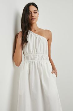 Rails' best-selling one shoulder cotton poplin dress available in white. Cocoon Dress, Designer Hair Accessories, Cotton Poplin Dress, Poplin Dress, Women Lifestyle, Mid Dresses, Eco Friendly Fabric, Tee Dress, Dressed Down