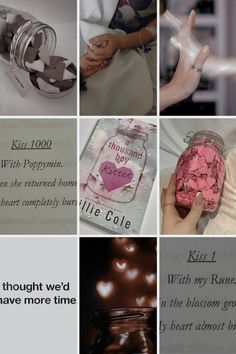 a collage of photos with words and pictures on them, including an image of a woman's hand holding a jar