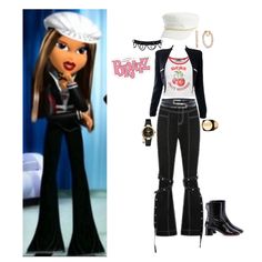 an image of a doll dressed in black and white clothing with high heeled boots