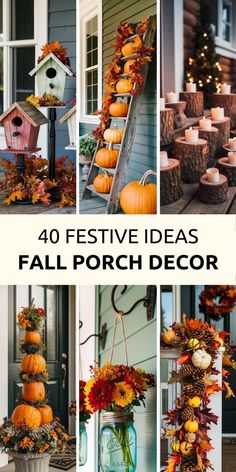 fall porch decor with pumpkins, candles and other things to decorate for the holiday