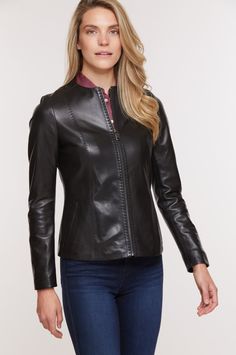 Alessandra Italian Lambskin Leather Jacket | Overland Pick Stitch, Lambskin Leather Jacket, Princess Seams, Chic Look, Signature Look, Princess Seam, Short Jacket, Lambskin Leather, Leather Jacket