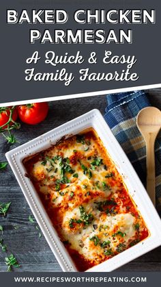 baked chicken parmesan in a white casserole dish with text overlay