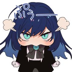 an anime character with blue hair wearing a black suit and bow tie, looking at the camera