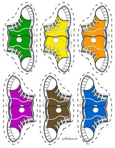 four pairs of shoes cut out from paper with the colors of each shoe on them