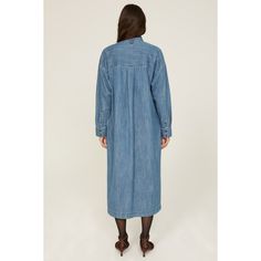 Blue denim (100% Cotton). Shirt dress. Long sleeves. Collar. Front button closure. 49" from shoulder to hemline. Imported. Medium Wash Button-up Dress For Daywear, Relaxed Fit Denim Blue Shirt Dress With Pockets, Casual Indigo Denim Dress With Button Closure, Long Sleeve Medium Wash Shirt Dress For Fall, Casual Long Sleeve Denim Dress For Work, Cotton Medium Wash Buttoned Shirt Dress, Cotton Medium Wash Shirt Dress With Buttons, Medium Wash Cotton Shirt Dress With Buttons, Indigo Denim Button-up Dress