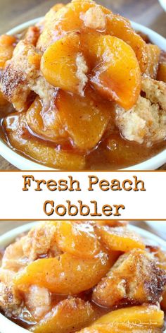 fresh peach cobbler in a white bowl on a wooden table with text overlay