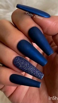 Deep Blue Nails Designs, Navy Blue Nails Acrylic, Blue Prom Nails, Blue Matte Nails, Quince Nails, Blue And Silver Nails, Gucci Nails, Nail Aesthetic, Blue Coffin Nails