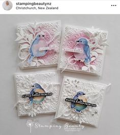 three cards with blue and pink birds on them, one is for someone to make