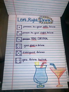 a piece of paper with writing on it that says let't right drinks drink