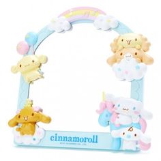 a blue frame with stuffed animals on it and the word cinnamorolll