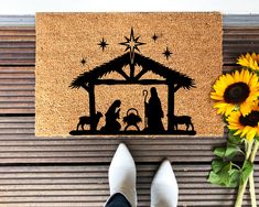 Nativity Doormat - The Simply Rustic Barn Gifts For Homeowners, Large Entryway, Nativity Christmas, Christmas Doormat, Best Shakes, Painted Rug, Rustic Barn, Single Doors, Outdoor Rug