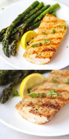 two plates with grilled fish and asparagus next to lemon wedges on the side