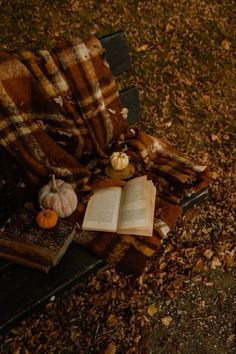 an open book sitting on top of a wooden bench next to a pile of leaves