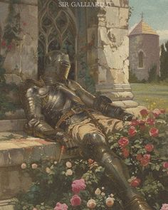 a painting of a man in armor sitting on steps with roses around him and the words sir callard