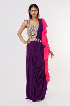 Shop for Payal Singhal Purple Georgette Frill Border Saree With Blouse for Women Online at Aza Fashions Payal Singhal, Purple Saree, Ruffle Saree, Border Saree, Pattern Embroidery, Blouse For Women, Saree With Blouse, Blouse Online, Embroidered Blouse