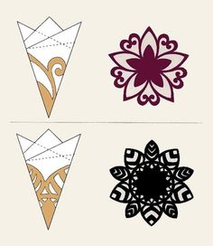 four different types of origami paper with designs on them, one is gold and the other is black