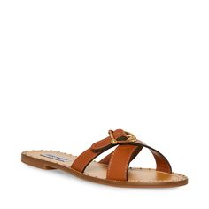 RIZZ Cognac Leather Strappy Slide | Women's Sandals – Steve Madden Trendy Leather Slides With Buckle Closure, Leather Slides With Adjustable Strap, Flat Shape, Sandals Steve Madden, Steve Madden Store, Apparel Merchandising, Mini Studs, Slides Women, Stud Set, Slide Design