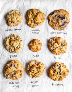 twelve cookies with different flavors and names on white paper, including one chocolate chip cookie