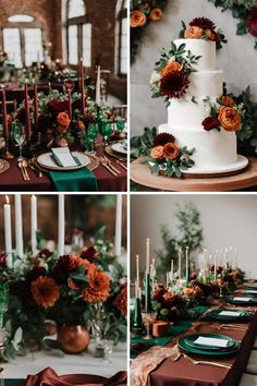 wedding cake with flowers and greenery on the top, surrounded by candles and green napkins