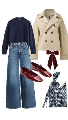 navy blue sweater outfit with red shoes and bow Navy Sweater Fall Outfit, Winter Outfits Navy Blue, Navy Blue Cardigan Outfit Aesthetic, Work To Evening Outfit Ideas, Red Sweater Outfit Fall, Cute Navy Blue Outfits, Navy Holiday Outfit, Navy Red Outfit, Navy Blue Outfit Winter