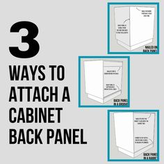 three boxes with the words 3 ways to attach a cabinet back panel on each side