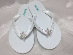 These beautiful flip flops are handmade in macrame wrapped with white satin ribbon, and adorned with a silver rhinestones starfish and rhinestones. Ribbon color is white , if you are needing other colors of ribbon or decoration please contact me and will be happy to accommodate you!   All flip flops are handmade to order and the production time is 1 to 2 weeks business days and then please allow time for shipping. Amazing for beach, weddings, flower girl or a fancy event, you choose! Please choo Beach Wedding Flip Flops, Beach Flower Girls, Girls Wedding Shoes, Bridal Flip Flops, Beach Wedding Sandals, Wedding Flip Flops, White Flip Flops, Kids Flip Flops, Bridal Sandals