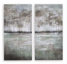 two paintings with trees in the background