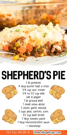 the recipe for shepherd's pie is shown on a plate