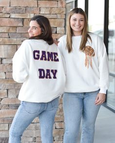 Soft sweatshirt features a sequin football on the front & “Gameday” patches on the back Patch Sweatshirt, Back Patch, Cardigan Jacket, White Sweatshirt, Jeans Pants, Bottoms Pants, Homecoming Dresses, Vest Jacket, The Back