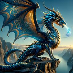 a blue dragon sitting on top of a cliff