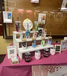 a display table with various items on it