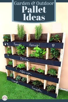 an outdoor pallet planter with plants on it and the words garden & outdoor ideas above it