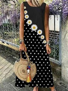 Stylish Black Sleeveless Maxi Dress Vestidos Maxi, Holiday Maxi Dress, Boho Dresses Long, Dot Print Dress, Tank Top Dress, Maxi Robes, Maxi Dresses Casual, Boho Casual, Sleeveless Maxi Dress