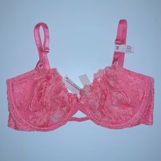 Brand New!!! Tickled Pink Wicked Unlined Eyelet Lace Balconette Bra Fitted Lace Bra In Coquette Style, Coquette Fitted Lace Bra, Fitted Lace Coquette Bra, Fitted Pink Bra, Fitted Feminine Lace Bra, Spring Sheer Fitted Bra, Sheer Feminine Fitted Bra, Feminine Sheer Fitted Bra, Feminine Fitted Sheer Bra