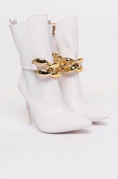 AZALEA WANG HEATING UP STILETTO BOOTIE IN WHITE Azalea Wang, Fancy Shoes, Mid Calf Boots, Mid Calf, Fashion Boots, Bootie, Chain Link, Heeled Boots