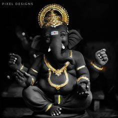 an elephant with gold decorations on its body sitting in front of a black background and text that reads pixel designs