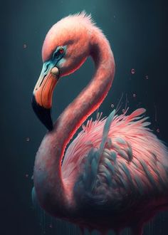 a pink flamingo standing in the water with its head turned to the side and it's eyes closed