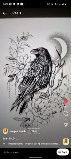 a black bird sitting on top of a tree branch next to a moon and flowers