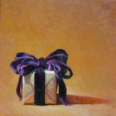 an oil painting of a present box with purple ribbon on the top and bottom, against a yellow background